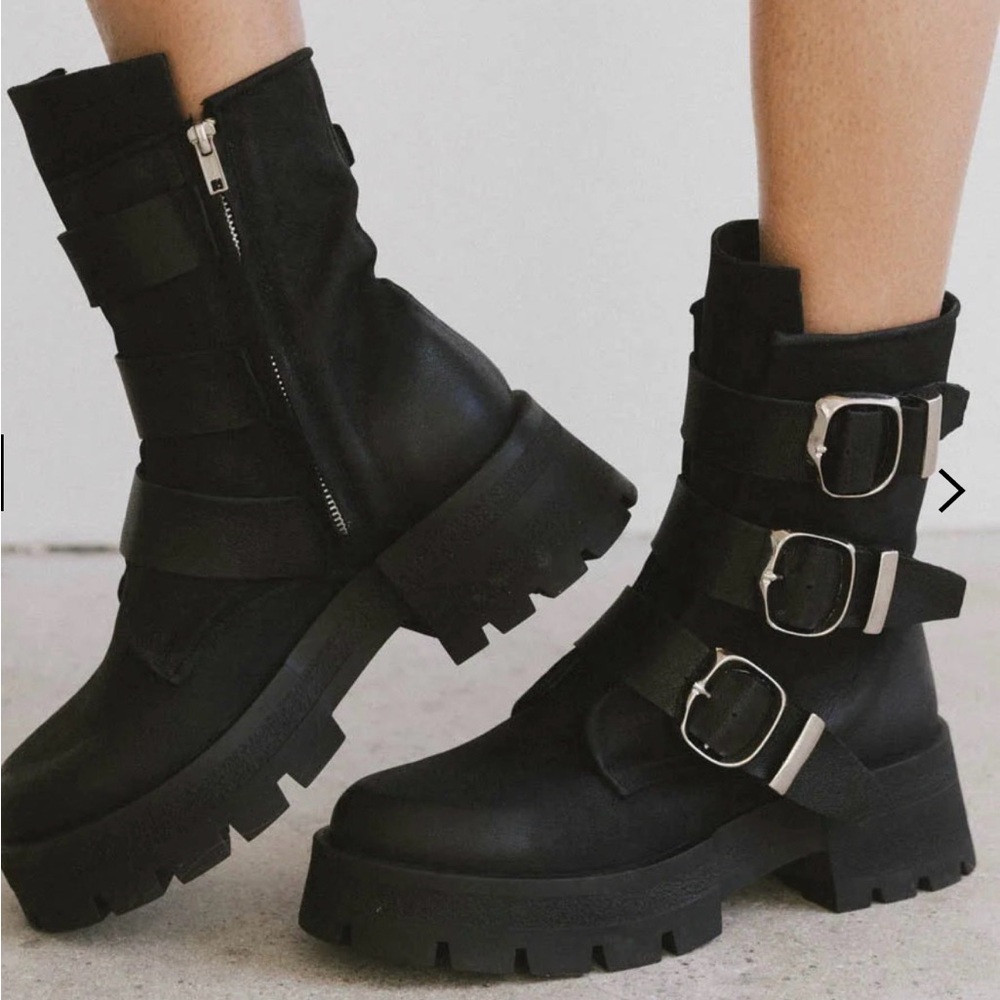 Women's Black Triple Buckle Combat Boots